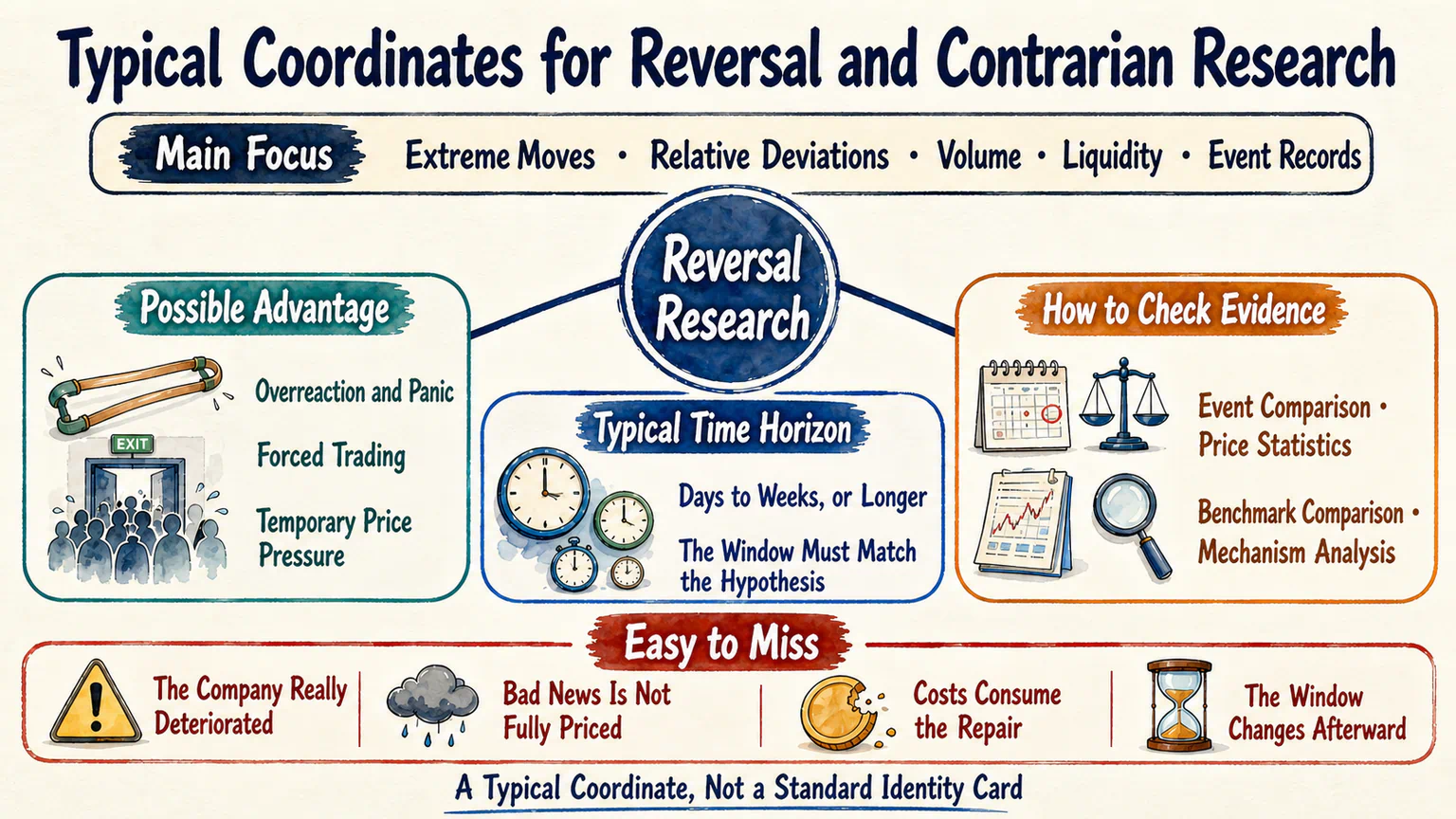A typical coordinate card for reversal and contrarian research covers its focus, possible advantage, time horizon, evidence, and common blind spots.