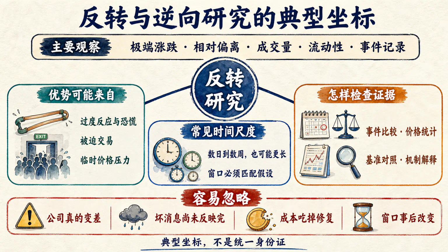 反转与逆向研究在主要观察、优势来源、时间尺度、证据方法和常见遗漏上的典型坐标。