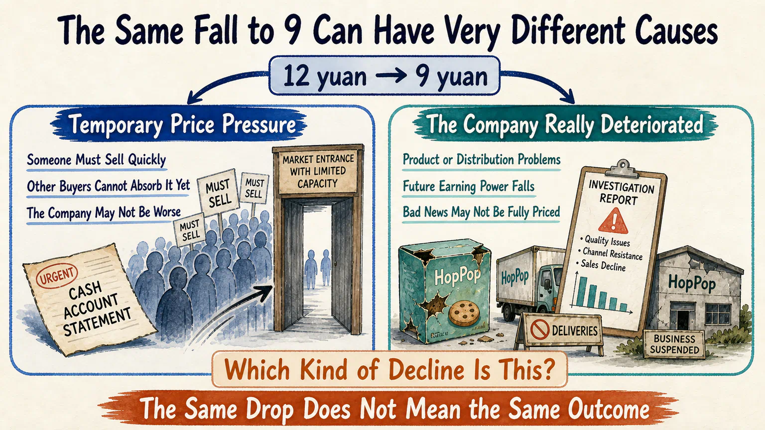 The same move from 12 yuan to 9 yuan may reflect temporary selling pressure or a genuine deterioration in the business.