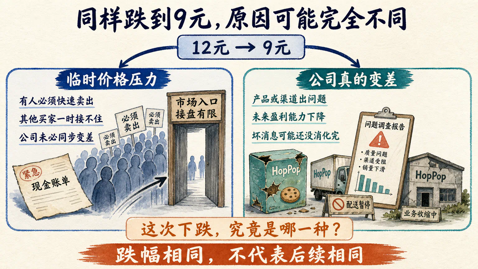 同样从十二元跌到九元,背后可能是临时价格压力,也可能是公司经营真的变差。