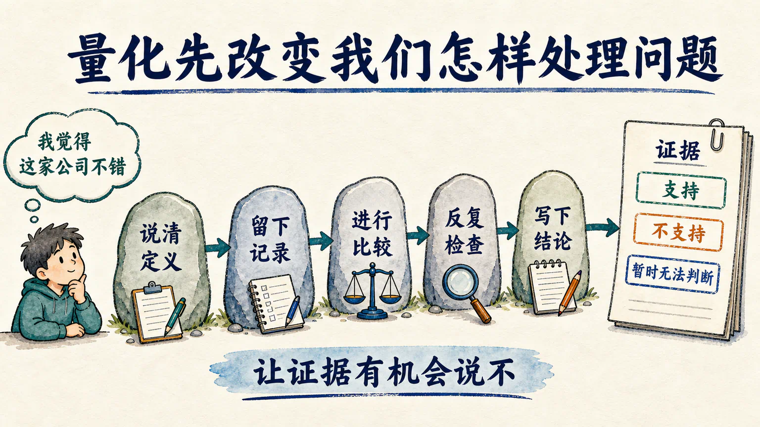 一句模糊的我觉得经过说清定义、留下记录、进行比较、反复检查和写下结论，变成可以被证据反驳的研究问题。