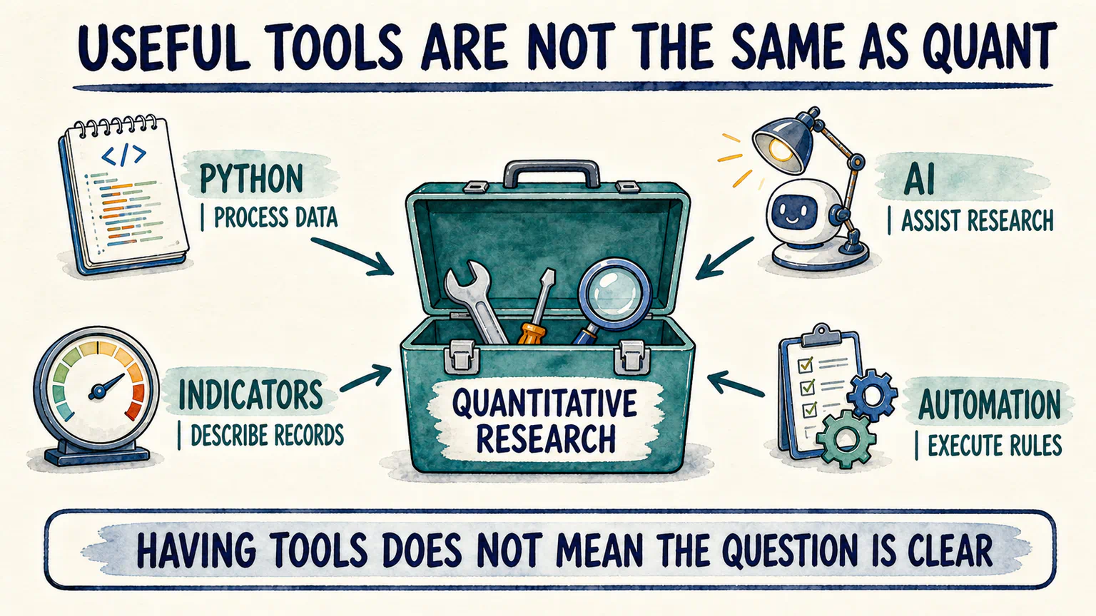 Python, AI, technical indicators, and automated trading surround a toolbox, showing that useful tools can support quantitative research without being the research itself.