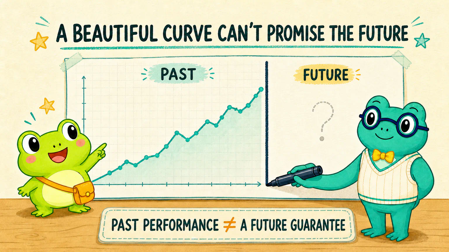 Dr. Hop draws a boundary at the end of a rising curve: recorded history is on the left, while the unwritten future remains blank on the right.