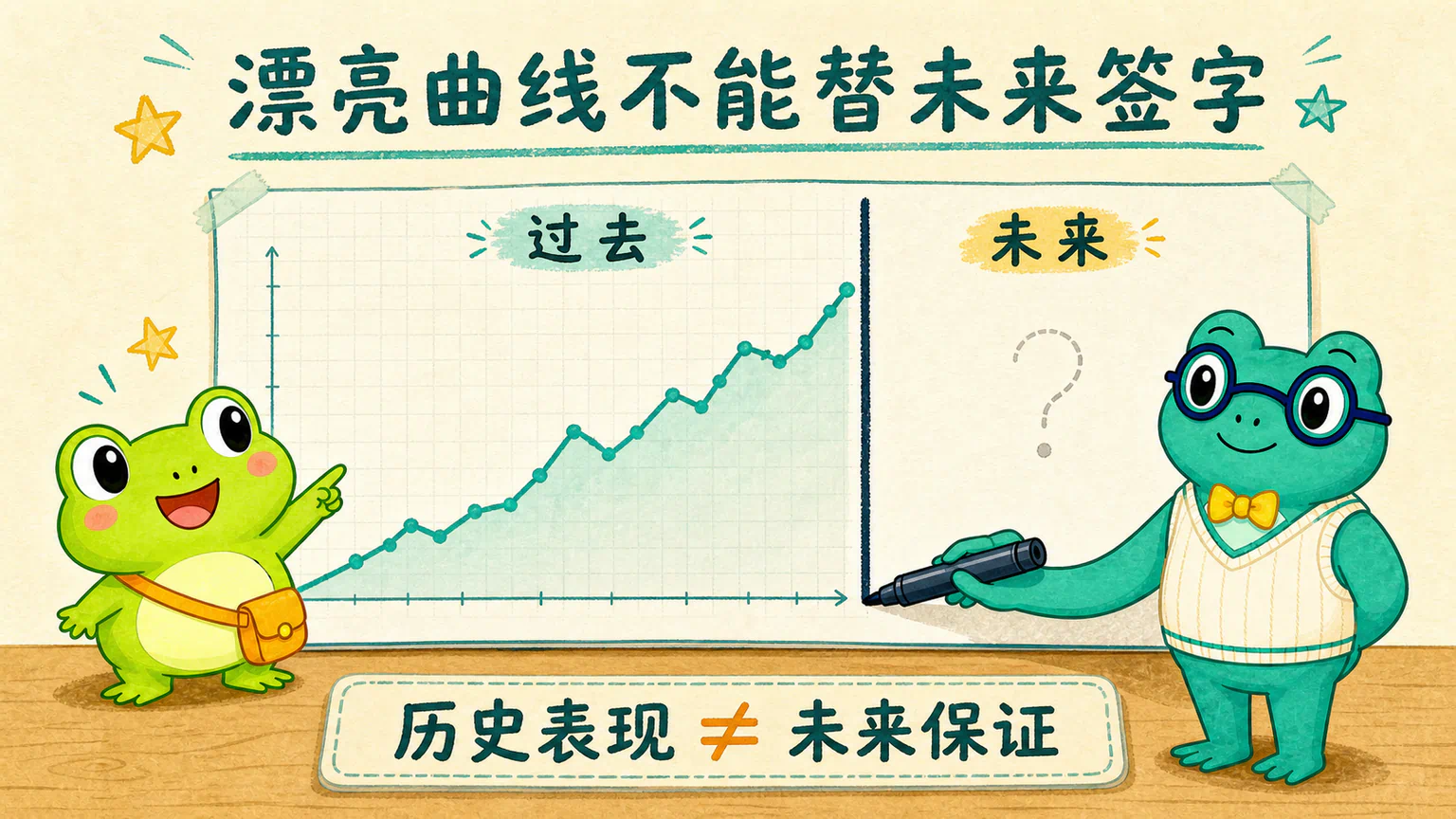 蛙博士在上涨曲线右端画出分界线:左边是已经发生的过去,右边是尚未写下的未来。