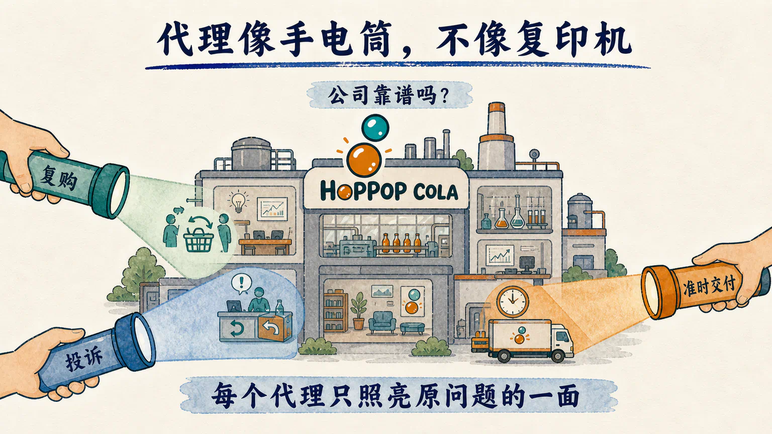 复购率、投诉率和准时交付三束手电筒照向跳泡可乐,各自只显示公司靠谱的一个侧面。