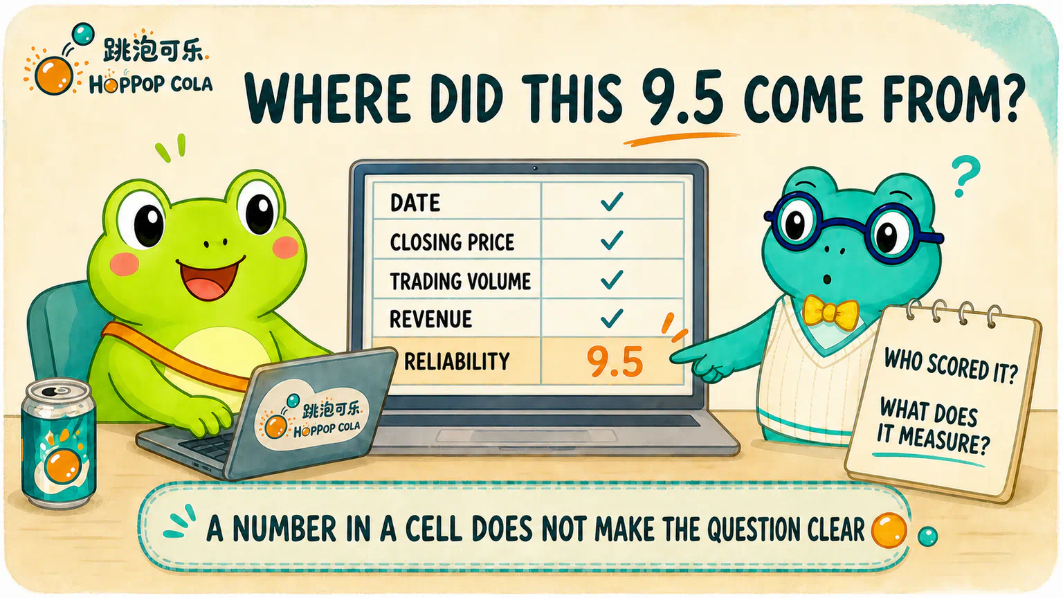 Hoppy enters a 9.5 reliability score in a HopPop Cola research spreadsheet, while Dr. Hop asks who assigned it and what it measures.