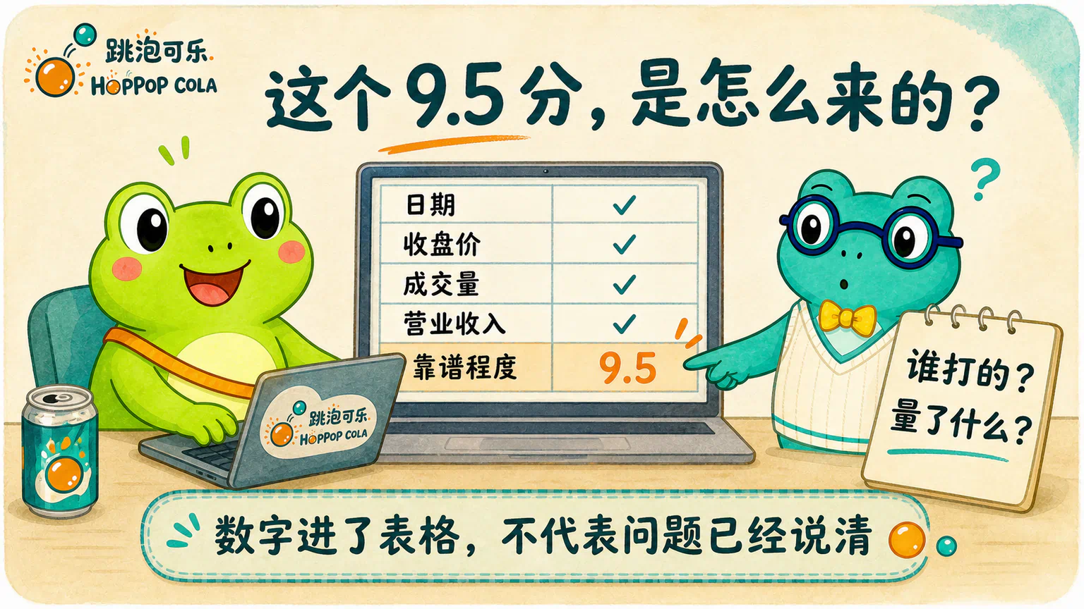 蛙兄在跳泡可乐研究表里填下‘靠谱程度 9.5 分’,蛙博士追问这个数字是谁打的、量了什么。