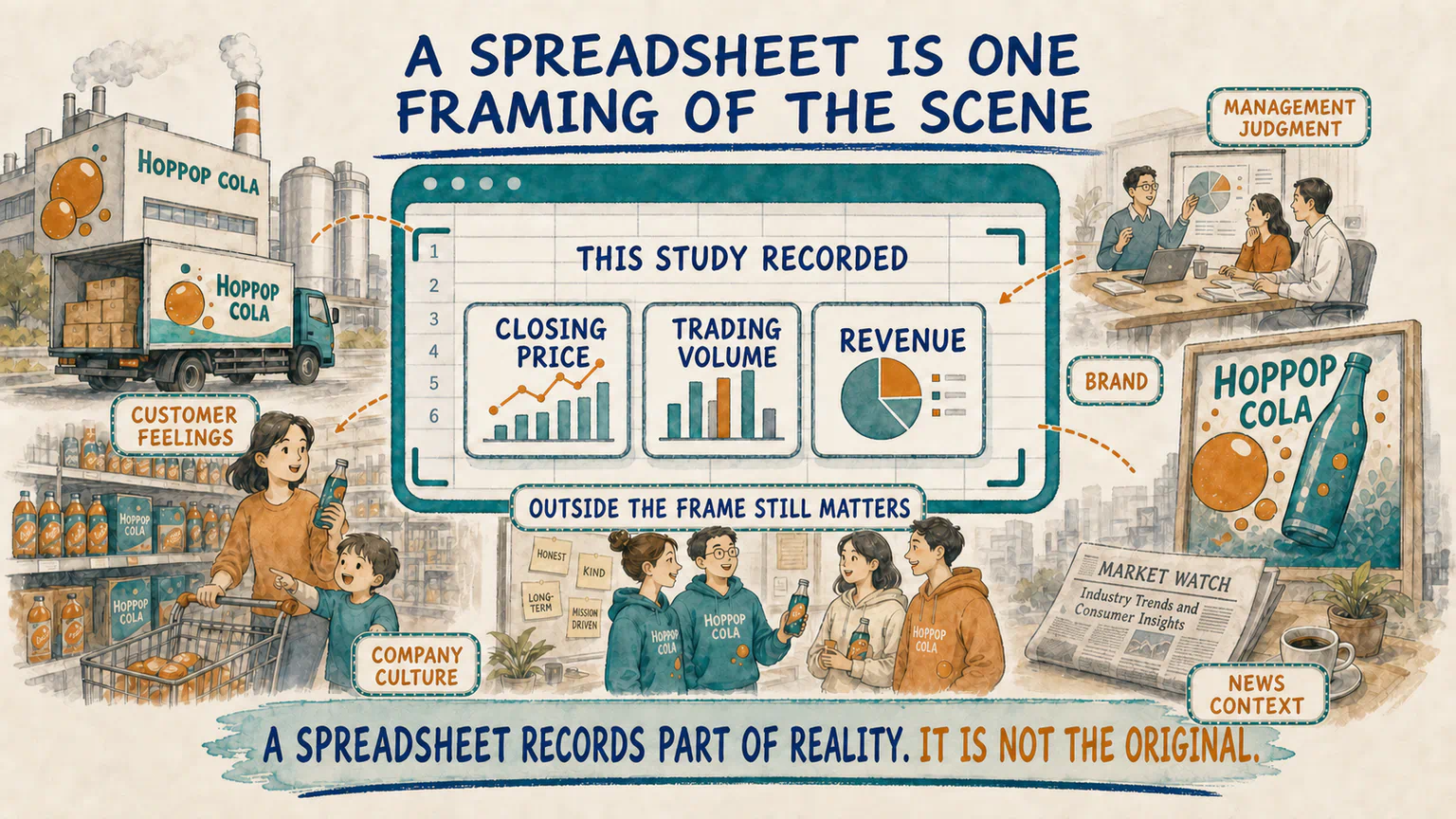 A spreadsheet viewfinder records closing price, trading volume, and revenue from a larger HopPop Cola scene, while customer feelings, management judgment, brand, culture, and news context remain important outside the frame.
