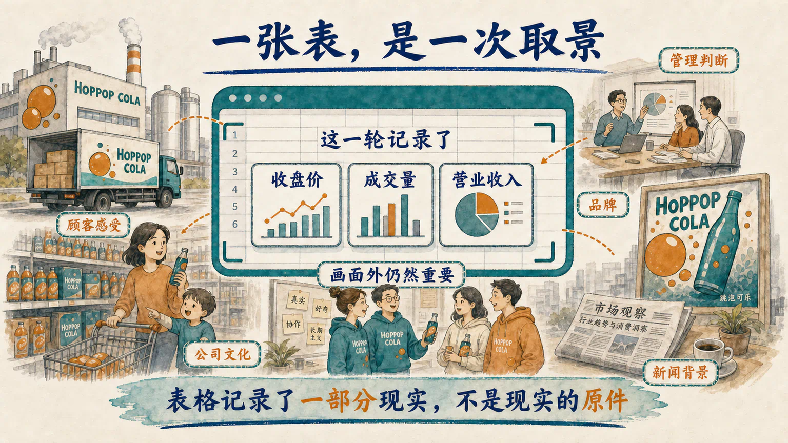 同一幅跳泡可乐现实场景中,表格取景框记录了价格、成交量和收入,框外仍保留品牌、管理、顾客感受与新闻含义。