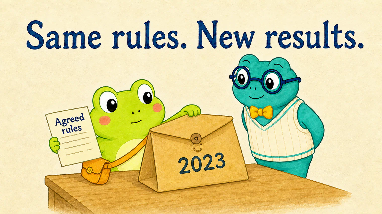 Hoppy and Dr. Hop prepare to open the 2023 envelope while keeping their agreed rules