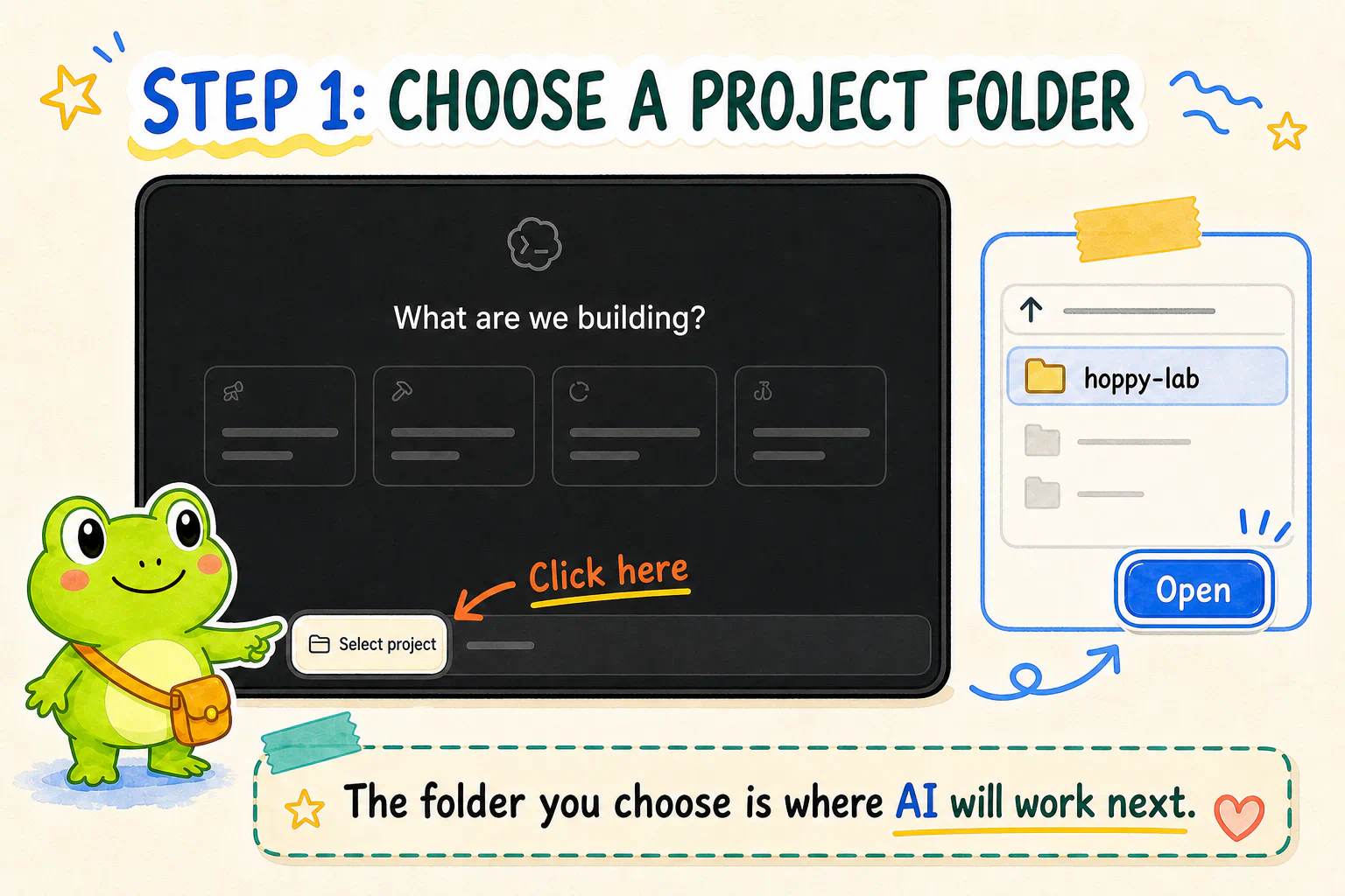 On the Codex start screen, select a project and open the hoppy-lab folder in the system picker.