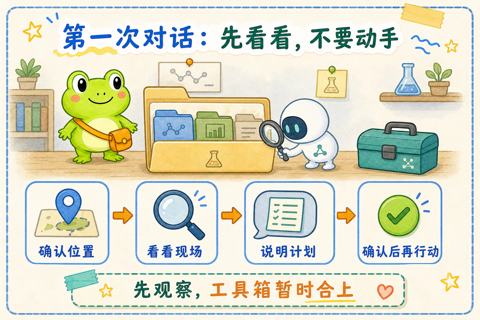 第一次与本地 AI 研究助手对话时,先确认位置、观察现场、说明计划,再决定是否行动。