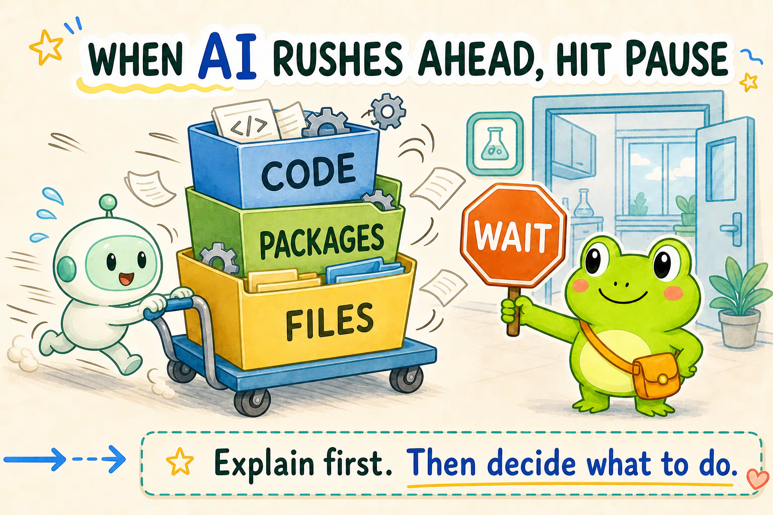 An AI helper races toward the lab with code, packages, and files, while Hoppy calmly asks it to pause and explain the plan.