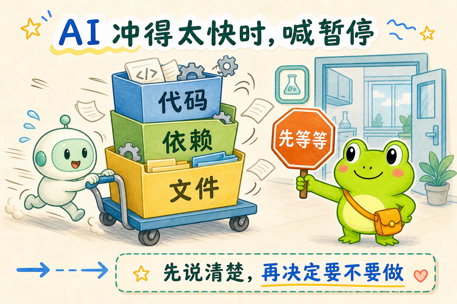 AI 推着装满代码、依赖和文件的小车冲向实验室,蛙兄请它先停下来说明计划。