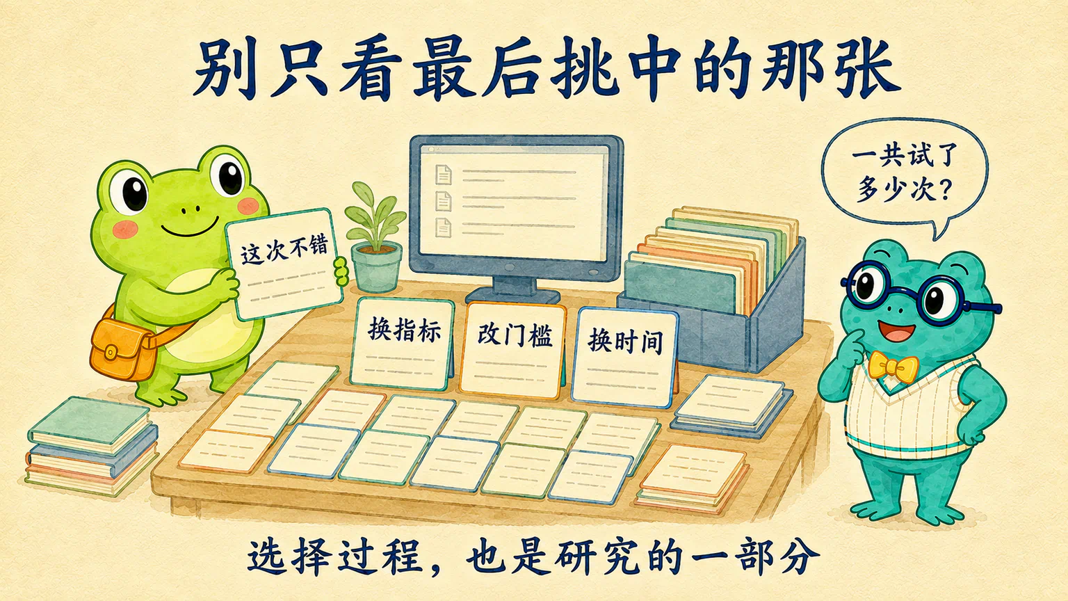 蛙兄展示挑中的好结果,蛙博士追问一共试了多少次;其它版本的记录同样属于研究背景。