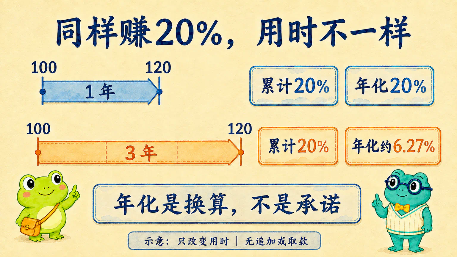 同样从100点变成120点,一年完成的年化收益为20%,三年完成的年化收益约为6.27%;这只是换算,不是收益承诺。