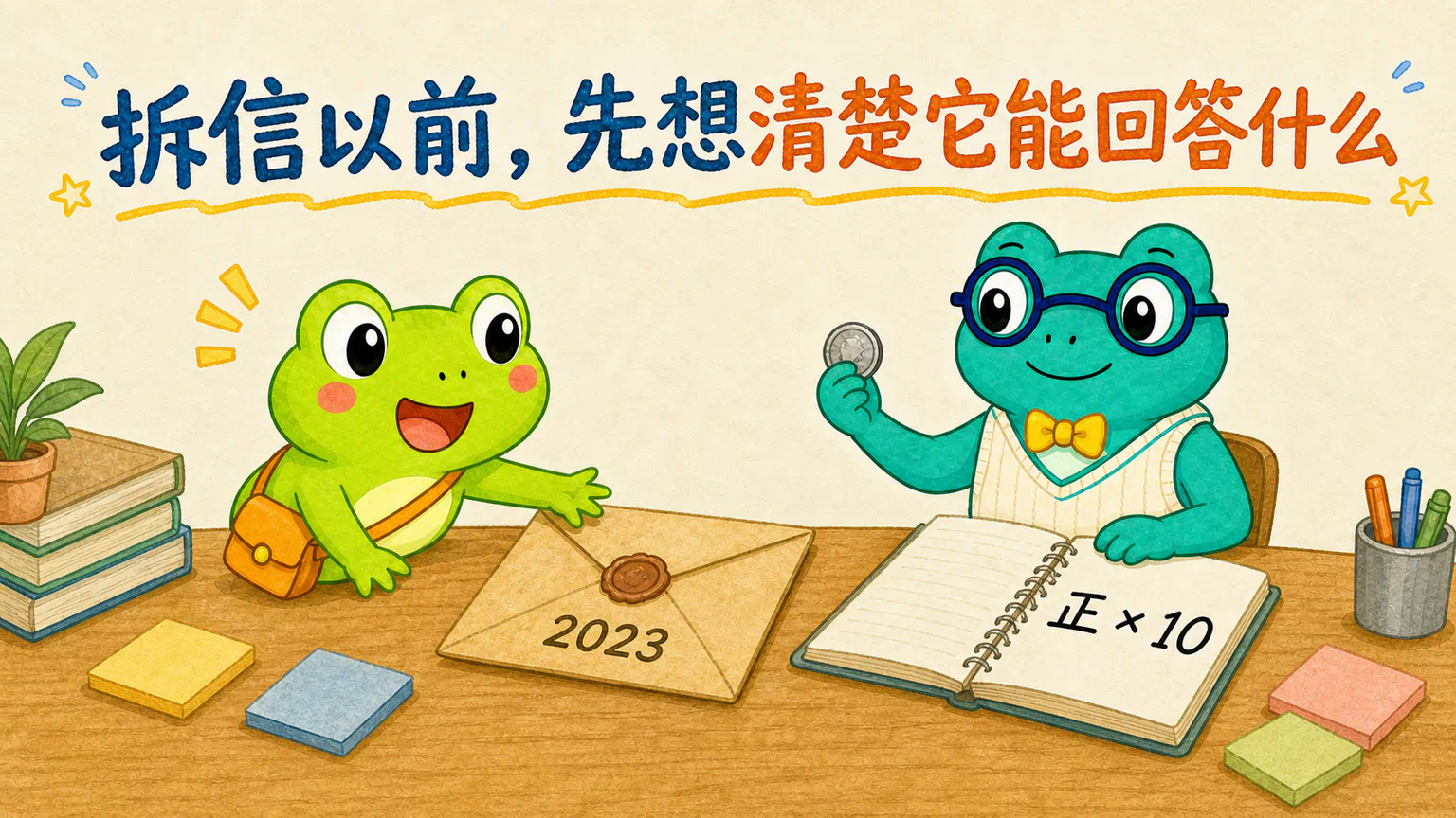 蛙兄准备拆开装有 2023 年数据的信封，蛙博士拿出连续十次正面的硬币记录，请他先想清楚新数据能回答什么。
