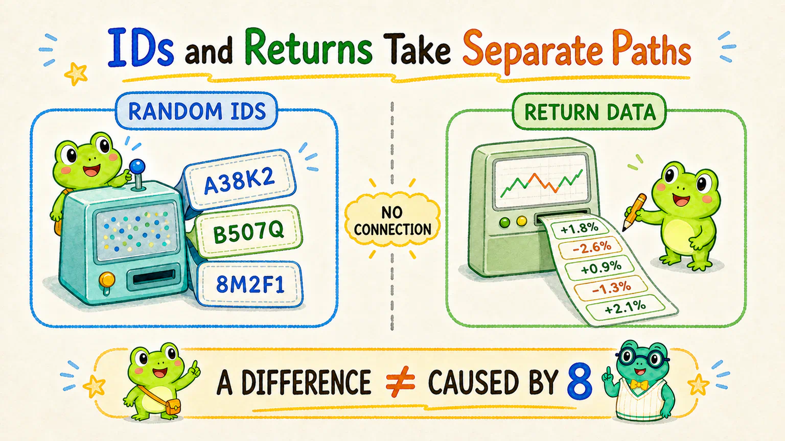 Fictional stock IDs and return data come from two unconnected processes, so an observed difference does not mean that the digit 8 caused it.