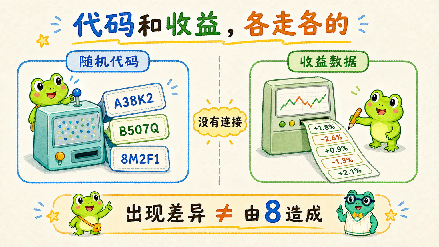 虚构股票代码和收益数据由彼此不相连的两套过程产生，因此历史中出现差异，不等于差异由数字 8 造成。