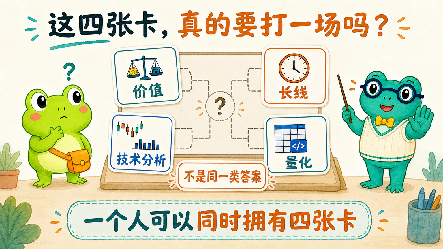 蛙兄把价值、长线、技术分析和量化排成淘汰赛,蛙博士提醒他这些并不是同一类答案,一个人可以同时拥有四张卡。