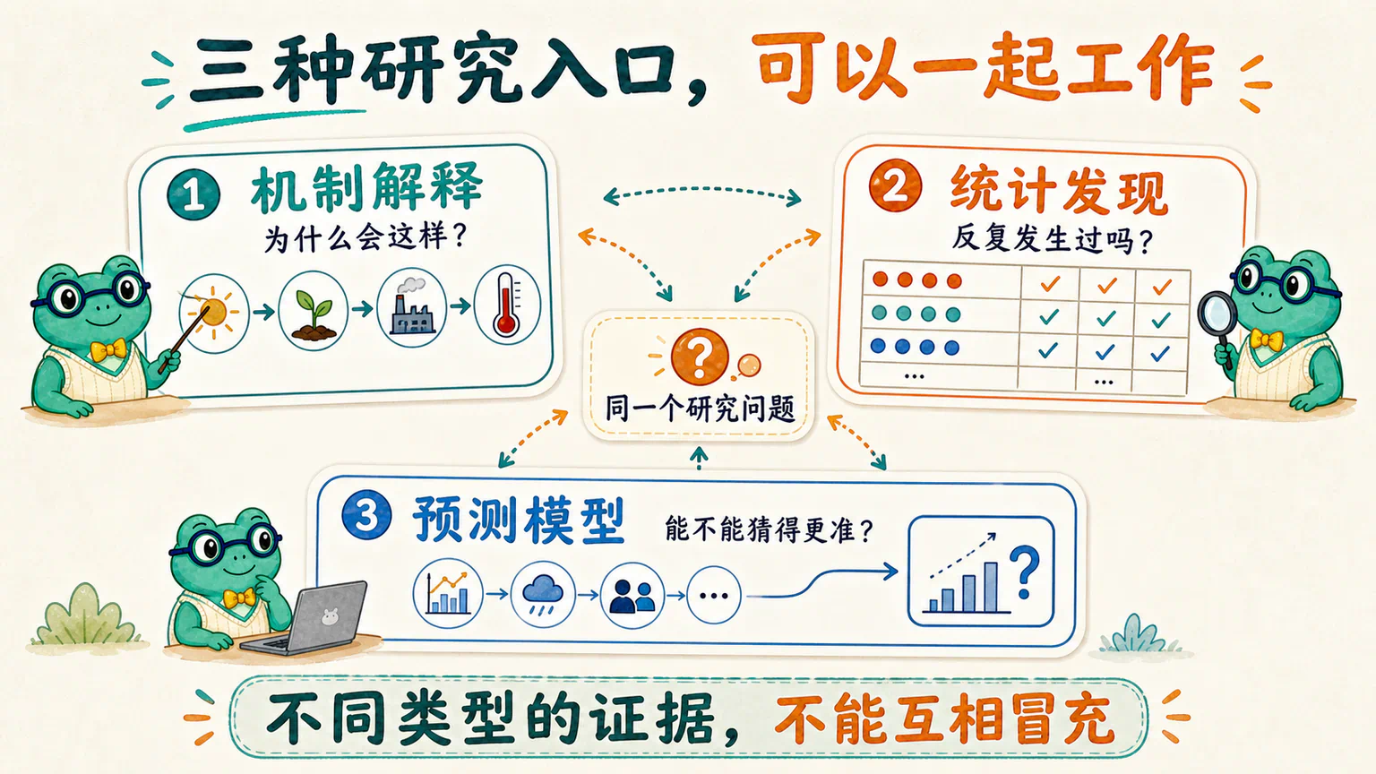 机制解释、统计发现和预测模型围绕同一个研究问题协作,但三种证据各有任务,不能互相冒充。