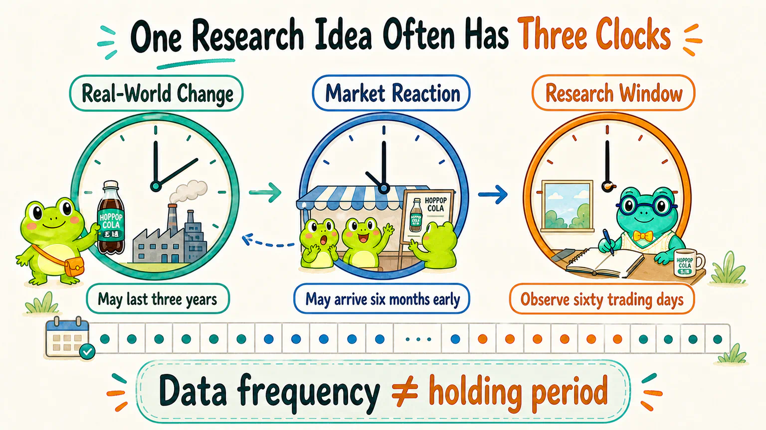 Real-world change, market reaction, and the research window run on three different clocks; daily data can still examine long periods because data frequency is not the holding period.