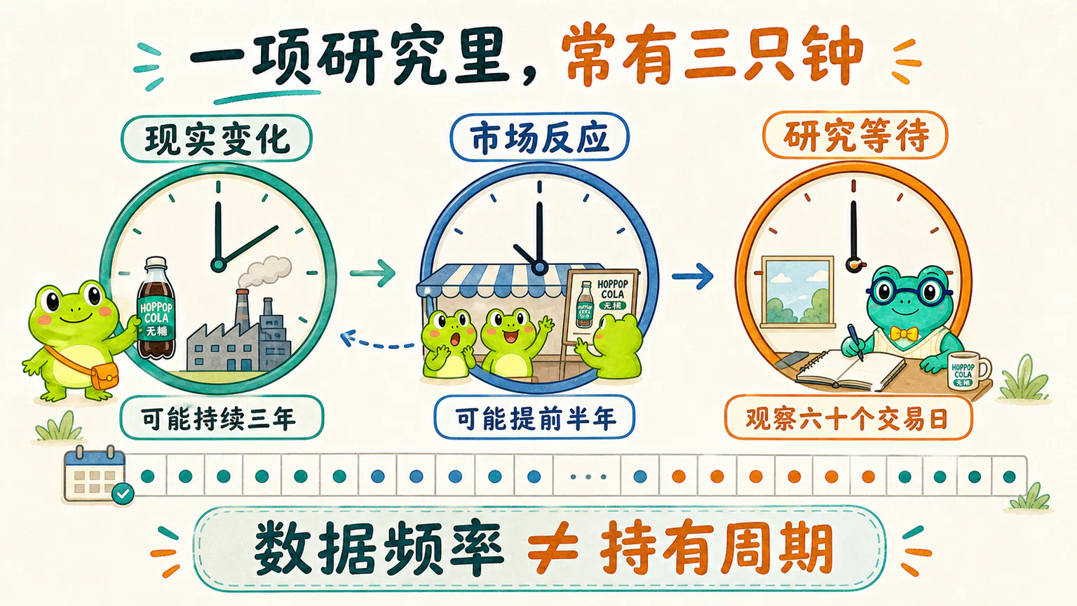 现实变化、市场反应和研究等待使用三只不同的钟;日频数据也可以观察较长时间,数据频率不等于持有周期。