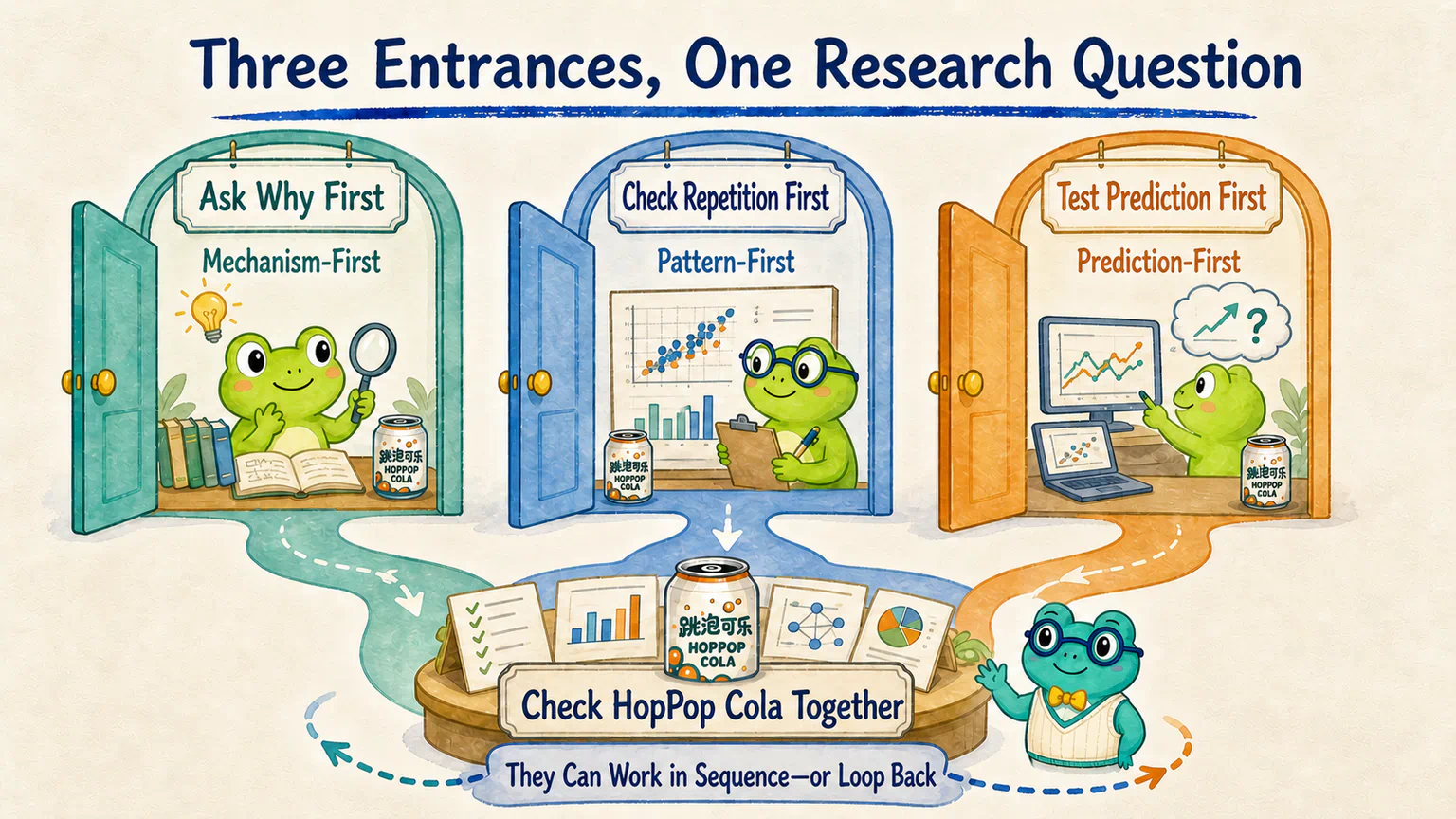 Mechanism-first, pattern-first, and prediction-first entrances all lead into the same HopPop Cola research room, where the approaches can work in sequence.