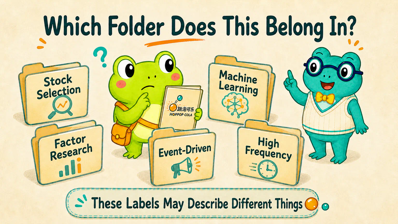 Hoppy holds a HopPop Cola research file and hesitates among folders labeled quantitative stock selection, factors, event-driven, machine learning, and high-frequency trading.