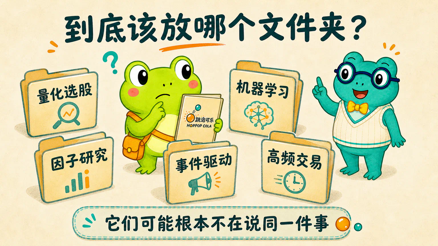 蛙兄抱着跳泡可乐研究文件,站在量化选股、因子、事件驱动、机器学习和高频等多个文件夹前犹豫。