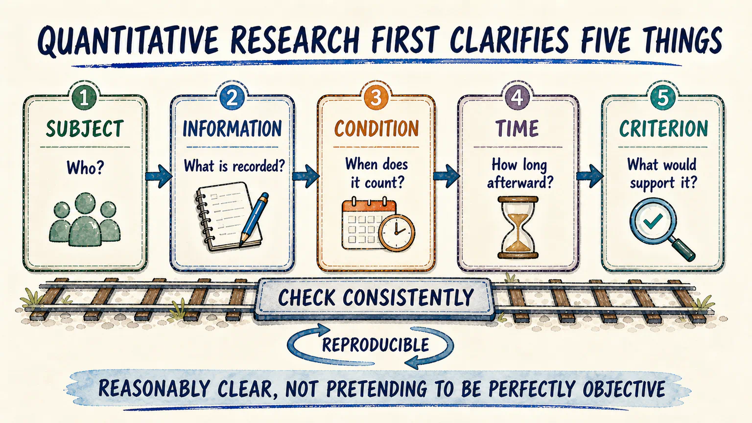 Quantitative research turns a market idea into a subject, information, condition, time horizon, and decision criterion, then checks evidence consistently and reproducibly.