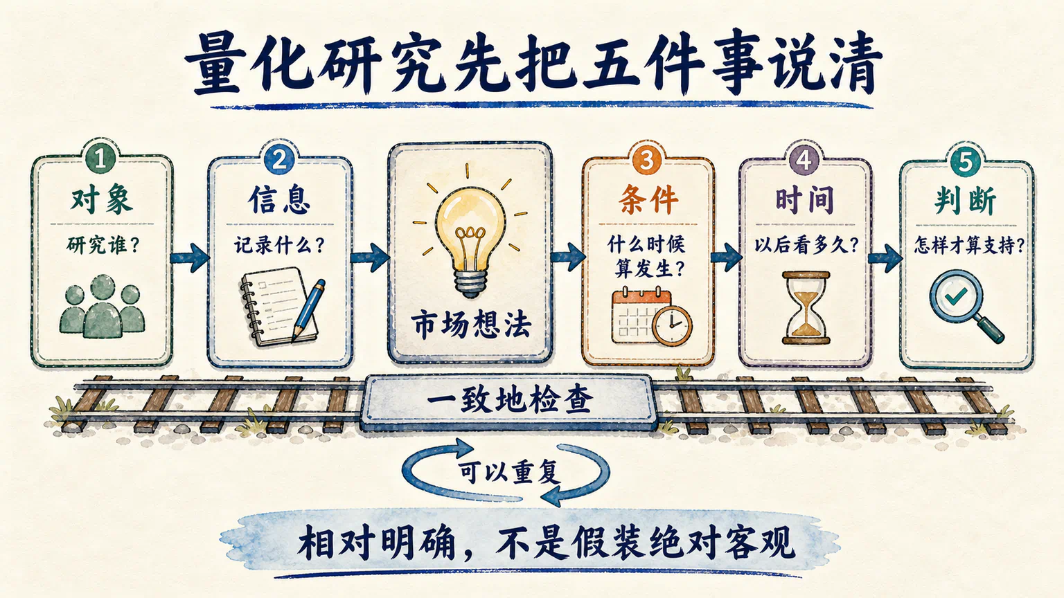 量化研究把市场想法拆成对象、信息、条件、时间和判断标准,再以一致可重复的方式检查证据。