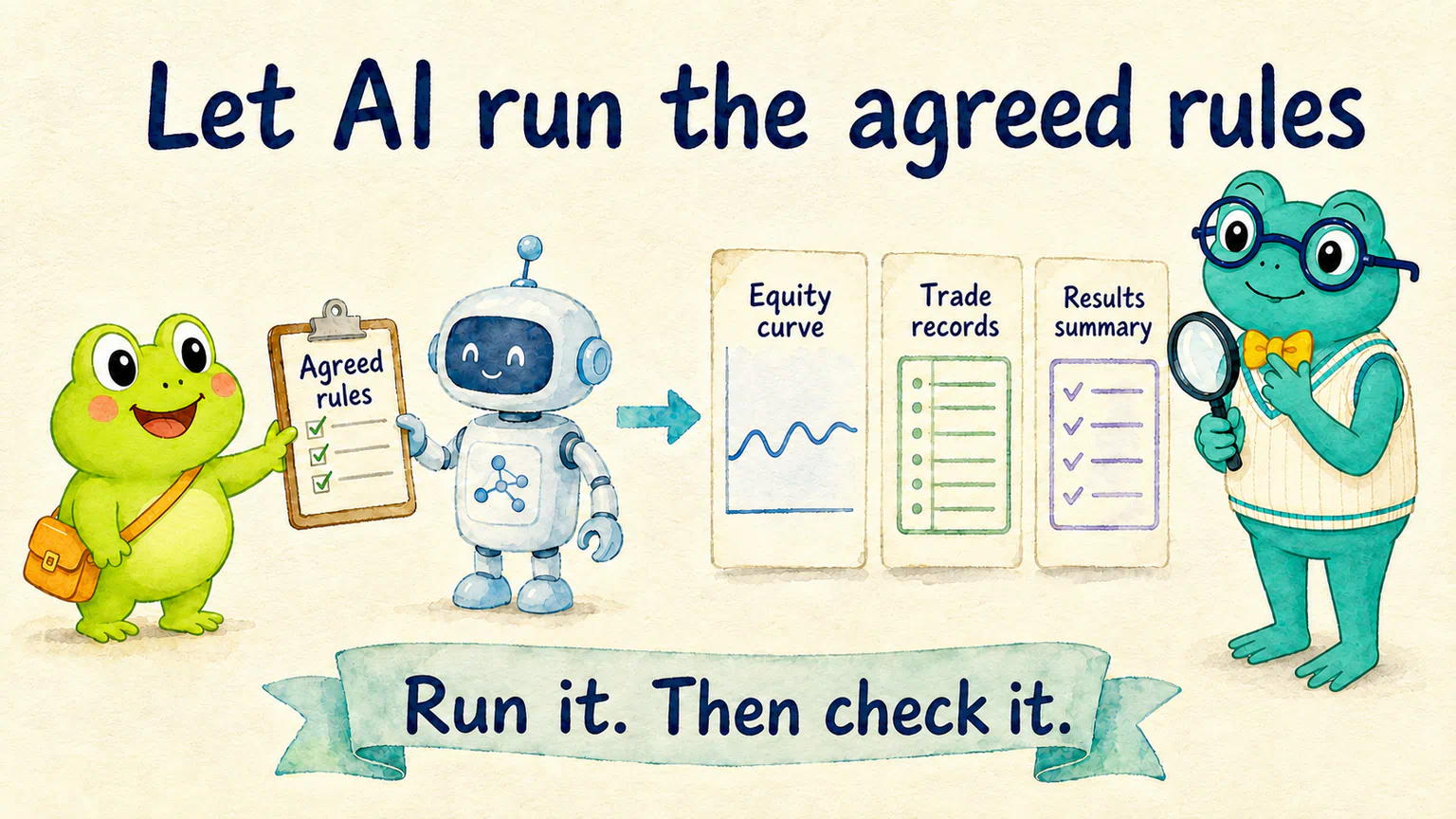 Hoppy gives agreed rules to AI, which produces an equity curve, trade records and a results summary for checking
