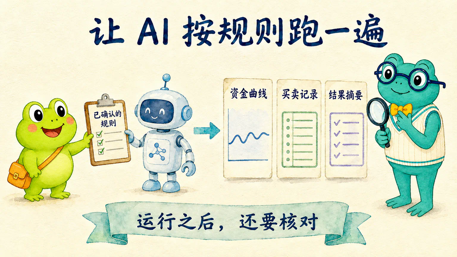 把已确认的规则交给AI,生成资金曲线、买卖记录和结果摘要,再核对执行