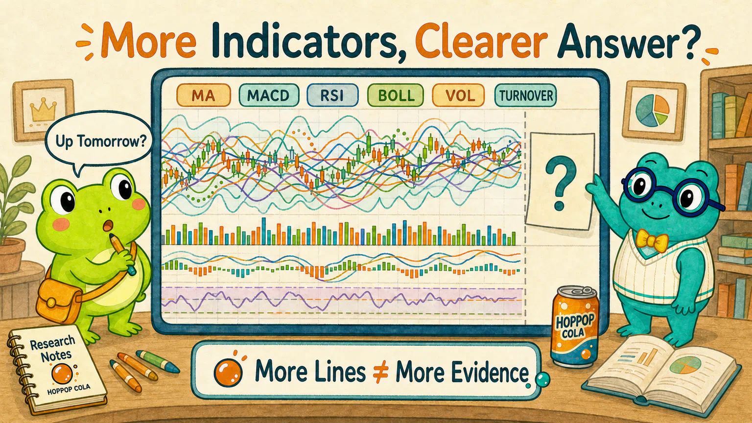 Hoppy enables many indicators until the fictional HopPop Cola chart becomes colourful and confusing, yet he still does not know what each line answers.