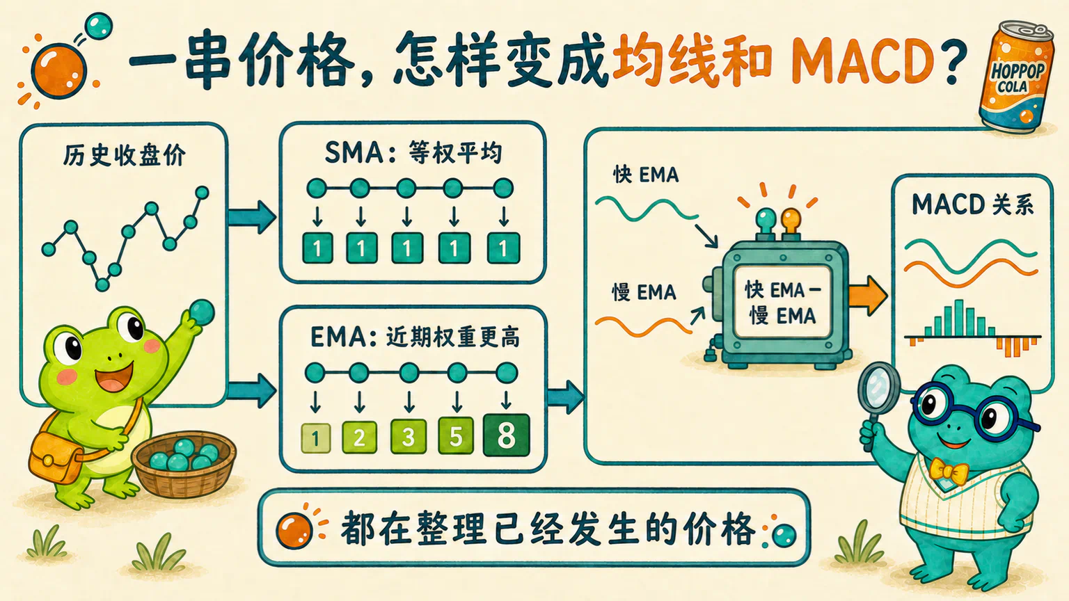 同一串历史收盘价先被整理成 SMA 和快慢 EMA,再由快慢 EMA 的差距形成 MACD 关系。