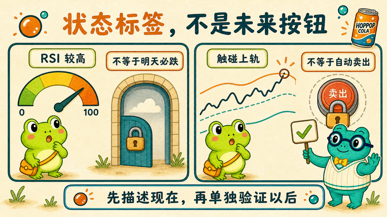 RSI 高位和价格触碰布林带上轨都只是当前状态标签,通往未来的预测按钮仍然被锁住。