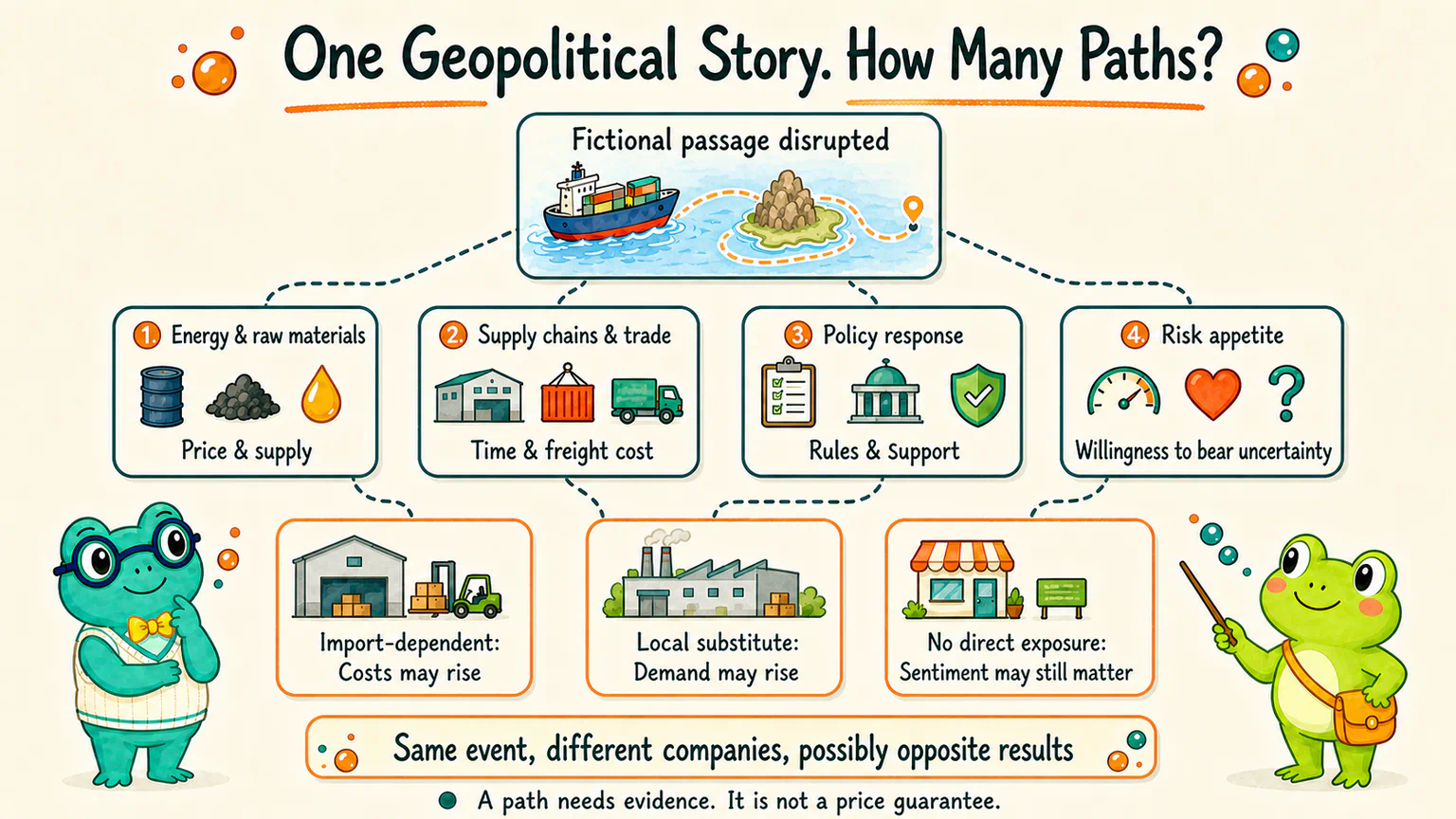 A fictional shipping disruption can travel through energy and raw materials, supply chains and trade, policy responses, and risk appetite, producing different effects across companies.