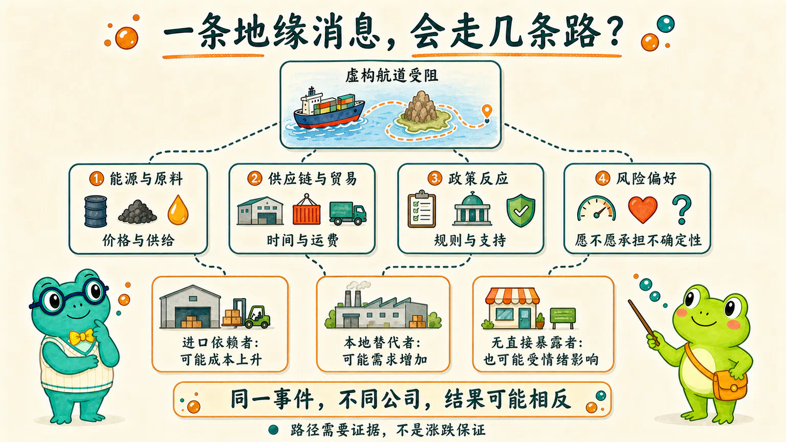 虚构航道受阻可能经过能源原料、供应链贸易、政策反应和风险偏好等多条路径,对不同公司产生不同甚至相反的影响。
