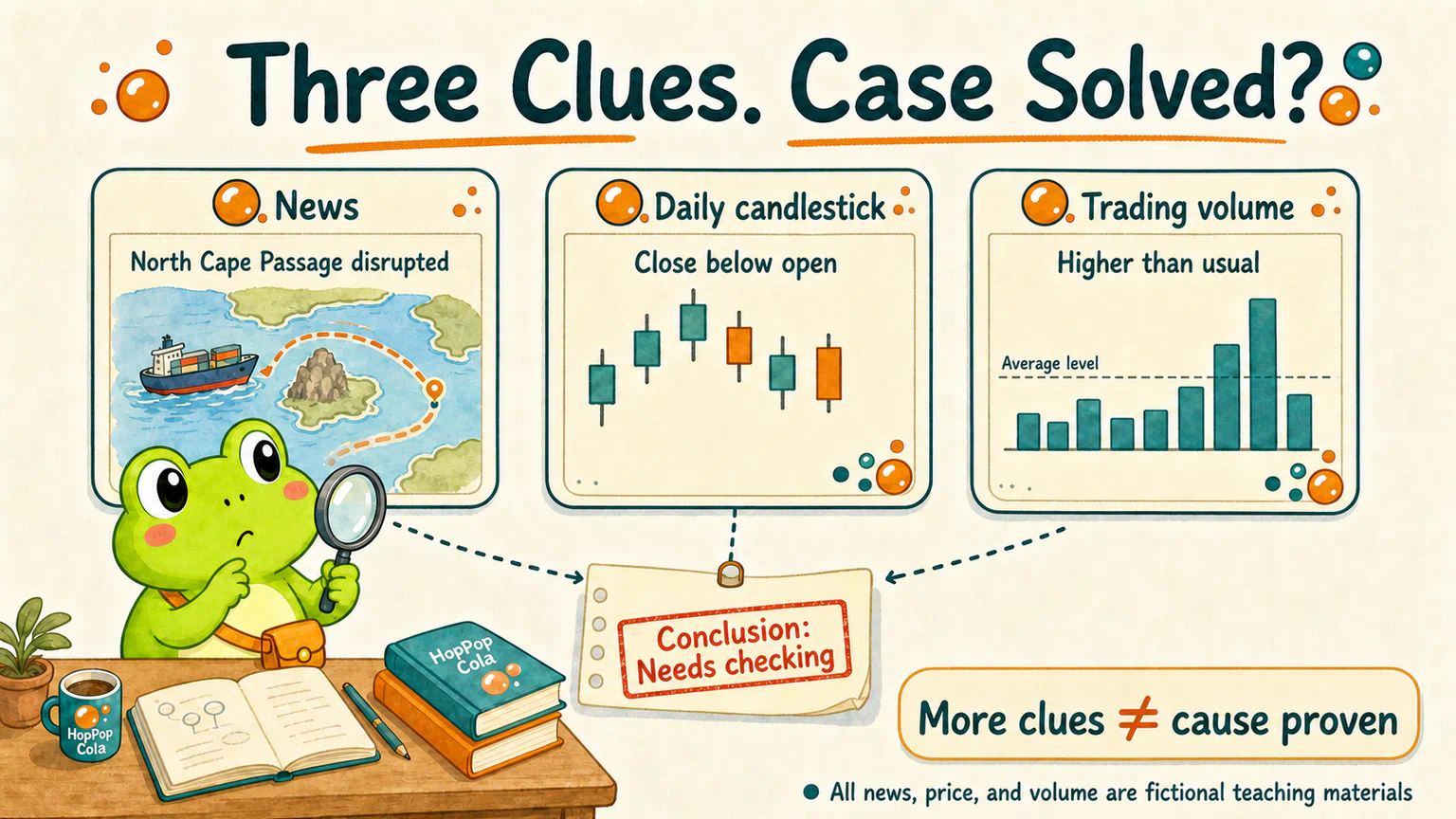 Hoppy sees a North Cape Passage story, a daily HopPop Cola candlestick, and higher trading volume; the three clues appear to fit but do not prove a cause.