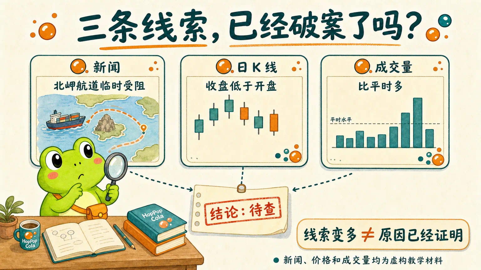 蛙兄同时看到北岬航道新闻、跳泡可乐日 K 线和放大的成交量,三条线索看似互相印证,却仍然不能直接完成因果判断。