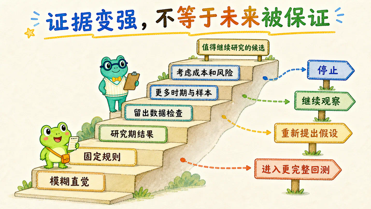 证据会从模糊直觉逐步增加,但阶梯通向的是研究选择,而不是未来必胜的奖杯。