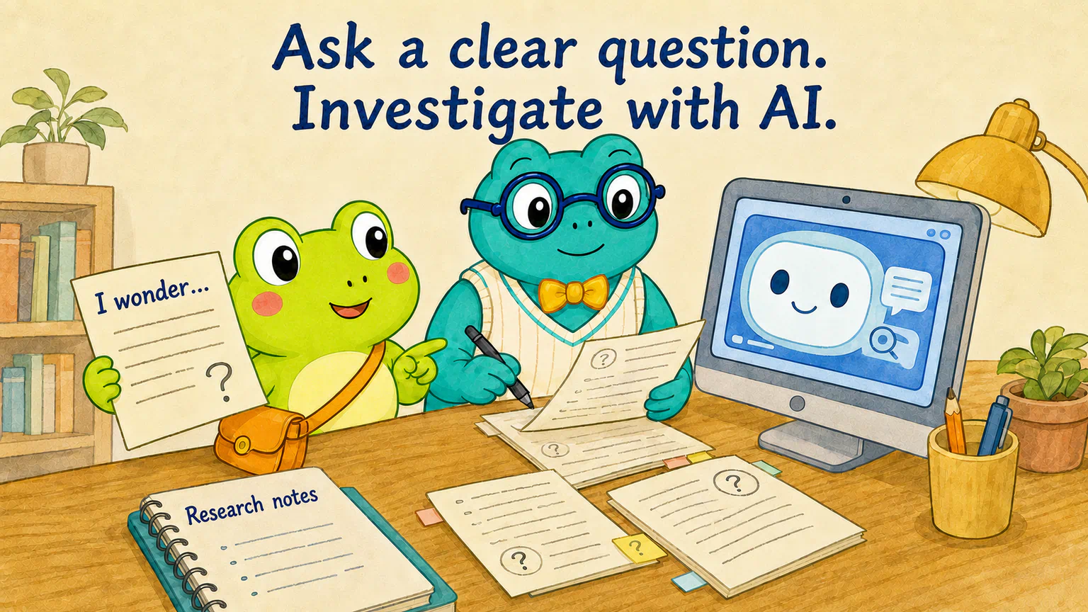 Hoppy asks a question and reviews research notes with Dr. Hop and an AI assistant
