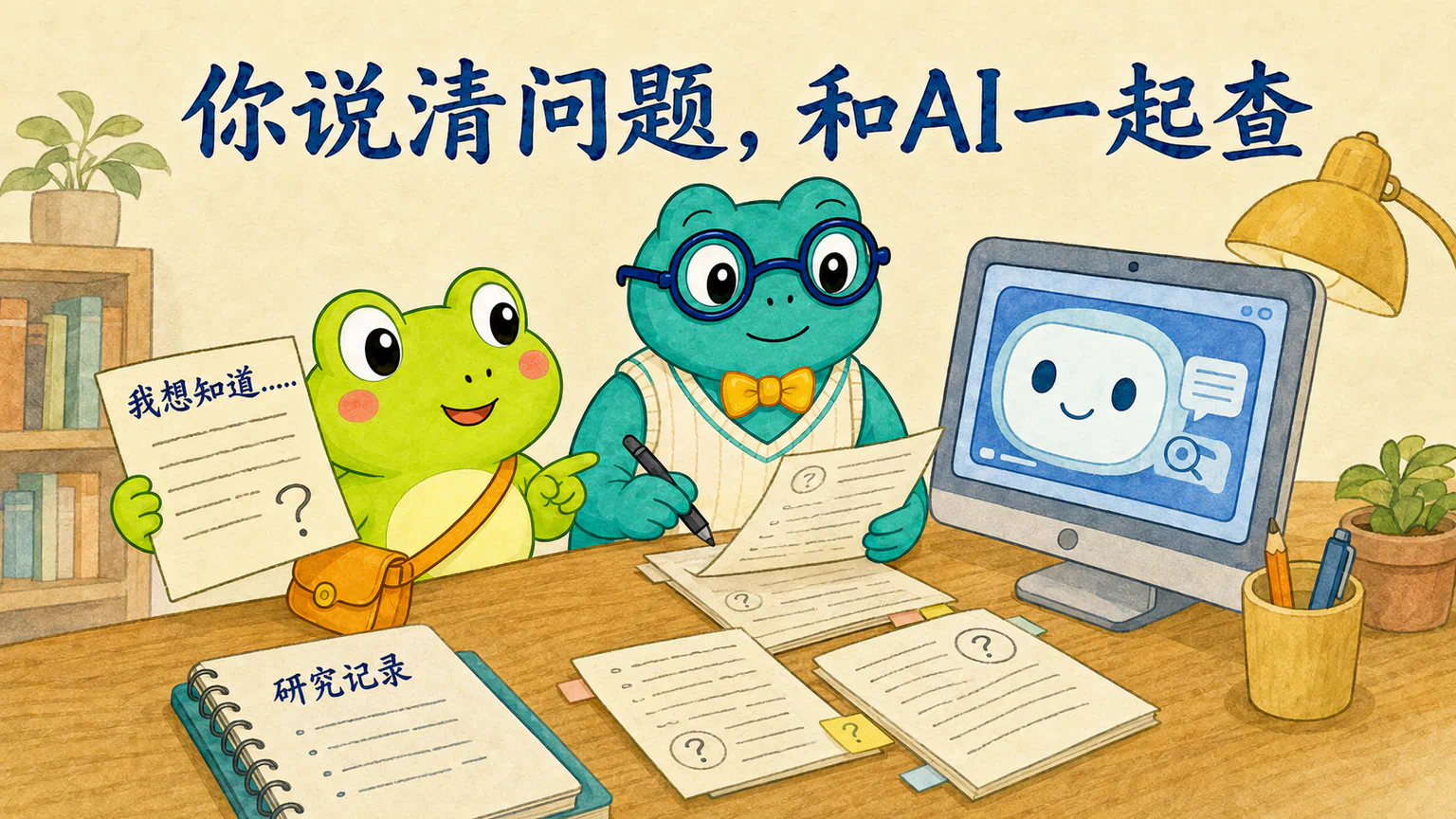 蛙兄提出问题,和蛙博士、AI助手一起查看研究记录并继续追问