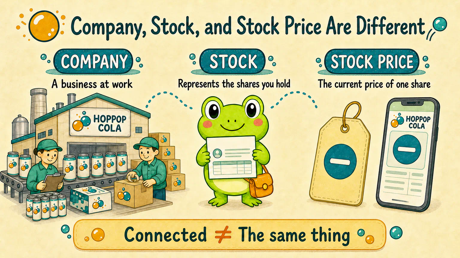 A company is a business at work, stock represents the shares you hold, and the stock price is the current price of one share; they are connected but are not the same thing.