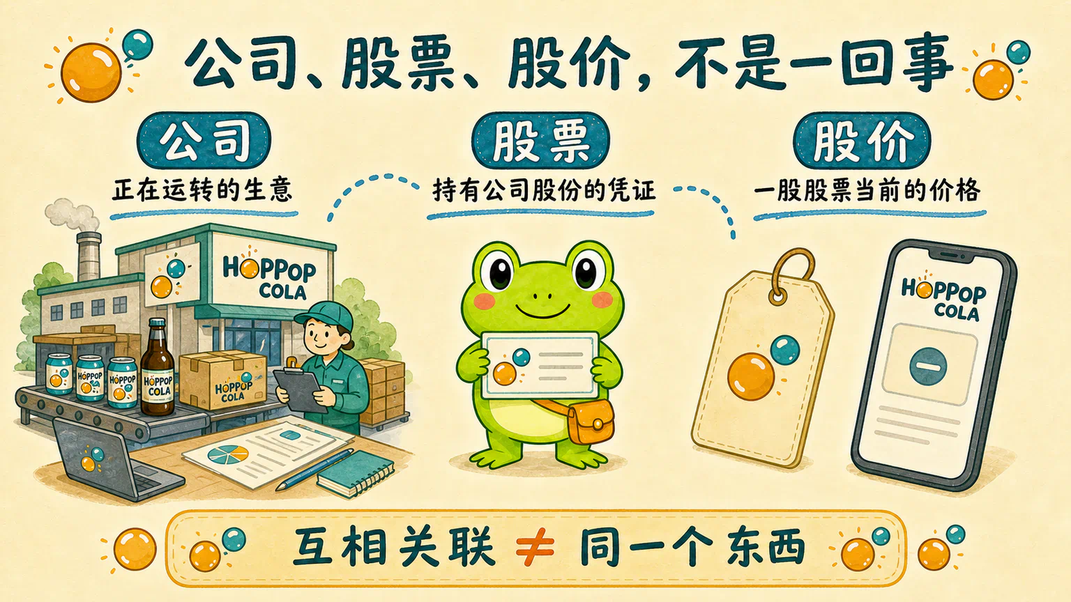 公司是正在运转的生意,股票是持有公司股份的凭证,股价是一股股票当前的价格;三者互相关联,但不是同一个东西。