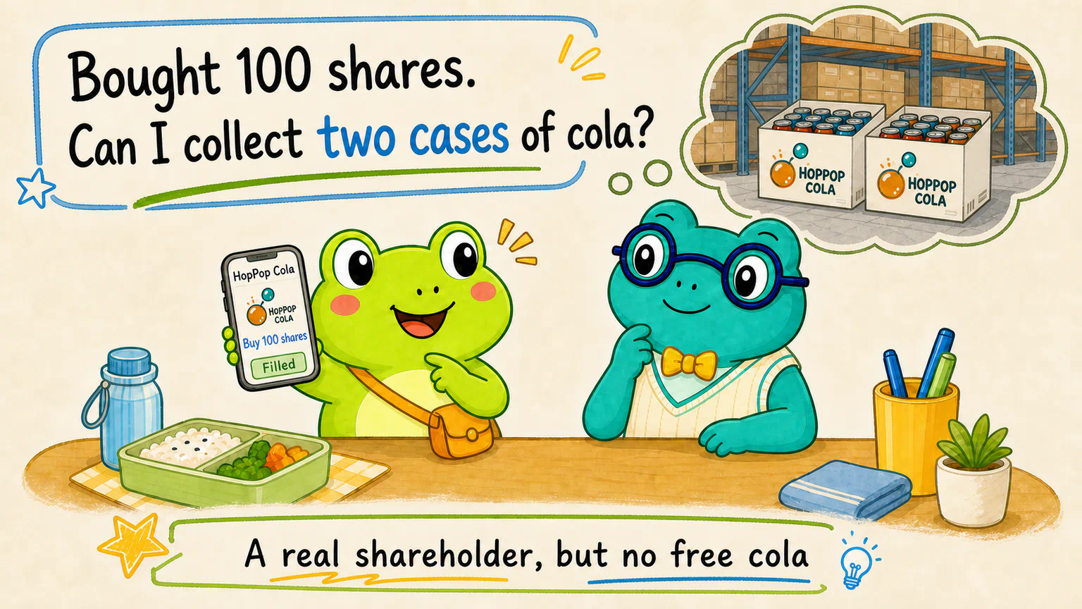 After buying 100 shares of HopPop Cola, Hoppy wonders whether being a shareholder lets him collect two cases of cola from the warehouse.
