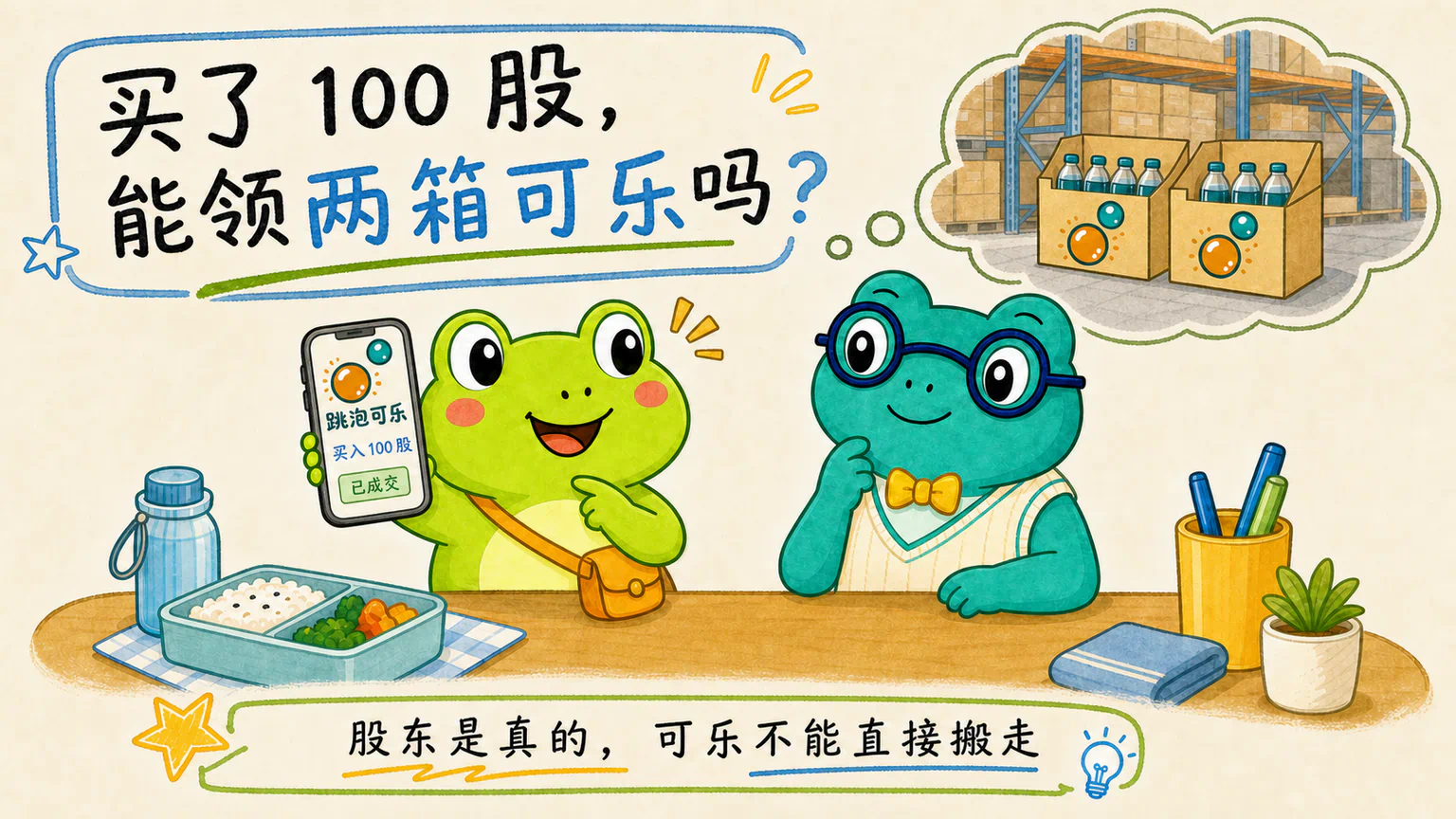 蛙兄买入跳泡可乐 100 股后,误以为自己可以去仓库领走两箱可乐。
