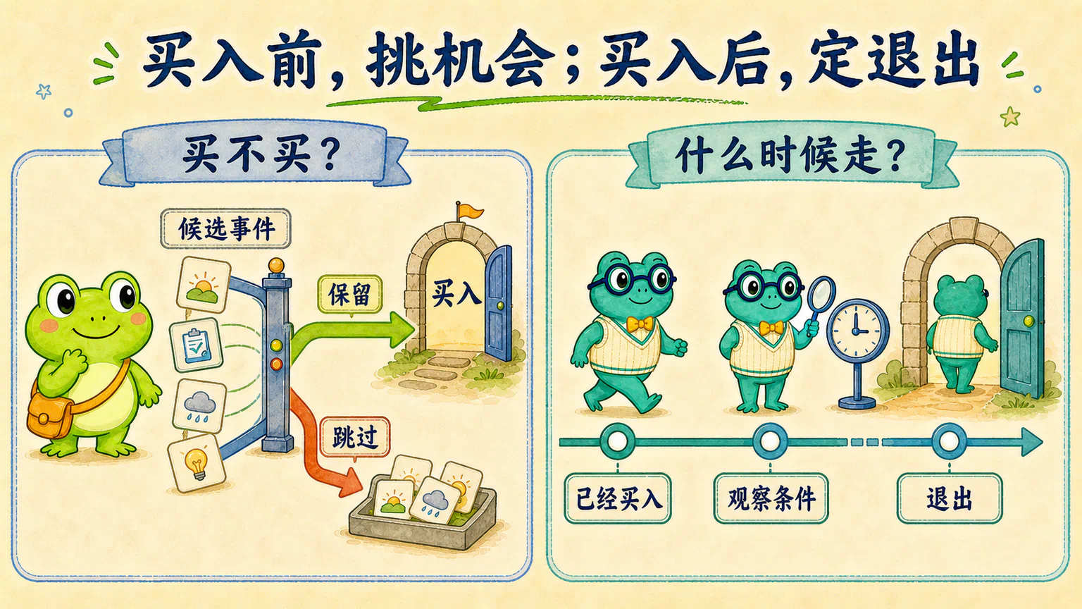蛙兄在买入前筛选候选事件,蛙博士在买入后沿时间线判断退出;买入筛选器与卖出规则各自回答不同问题。