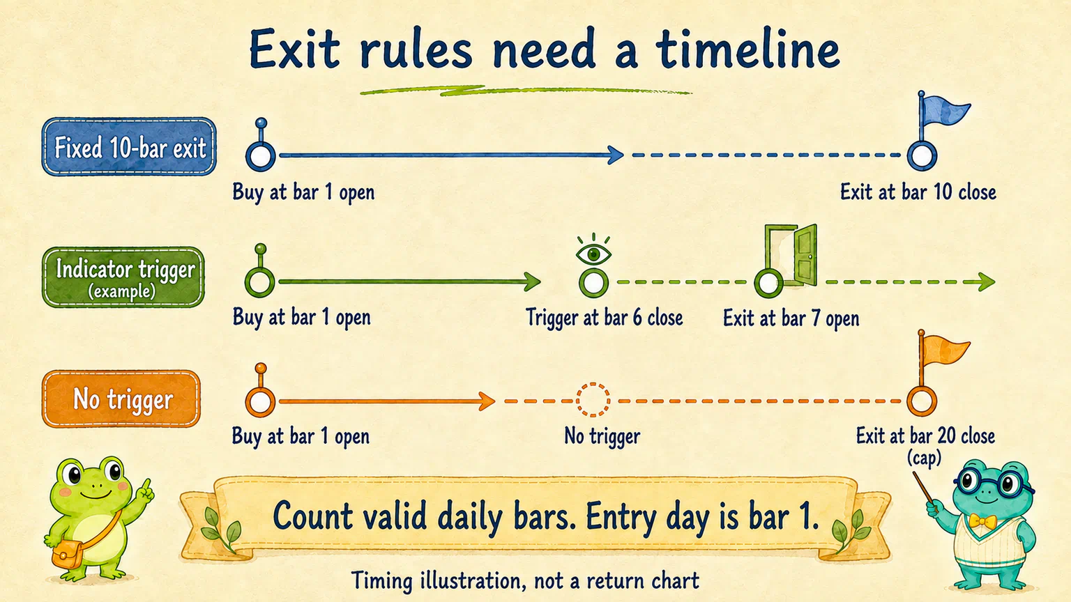 Three timing examples share the same entry: a scheduled exit at bar 10's close, an indicator trigger at bar 6's close followed by a bar 7 open exit, and a no-trigger fallback at bar 20's close.